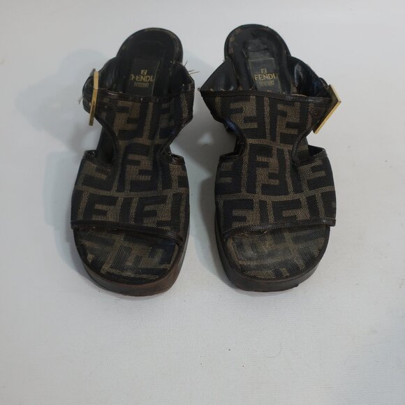 Authentic Fendi F Zucca Logo Graphic Brown Open Toe Chunky Block Heel Sandal 7 - Picture 3 of 16